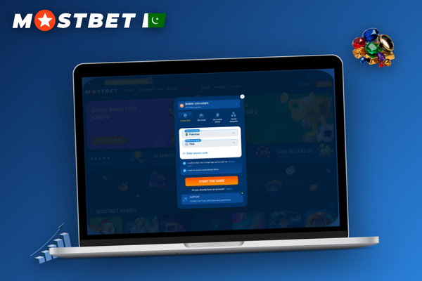 Mostbet register online modal in a desktop Chrome browser with Pakistan currency selector