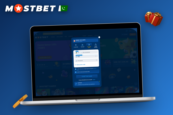 Mostbet login and signup form with one-click option and PKR currency selector